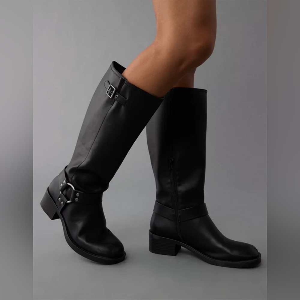 American Eagle vegan leather knee high black moto boots NWT Sz 8.